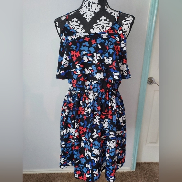 ELLE Blue Wildflower Print Elastic waist Summer Dress size M - Picture 3 of 10
